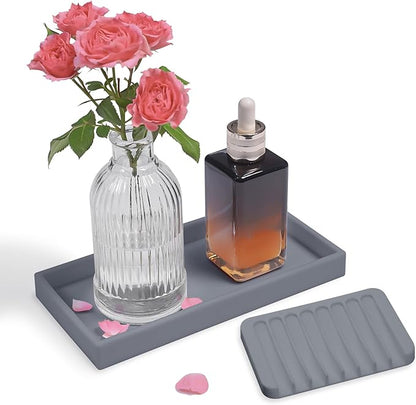 Bloss Silicone Counter Tray Set for Bathroom/Kitchen - 8 x 4 inch Bathroom Soap Dispenser Tray and Soap Holder, Silicone Vanity Trays Countertop Organizer for Scrubber, Perfume, Jewelry, Candle