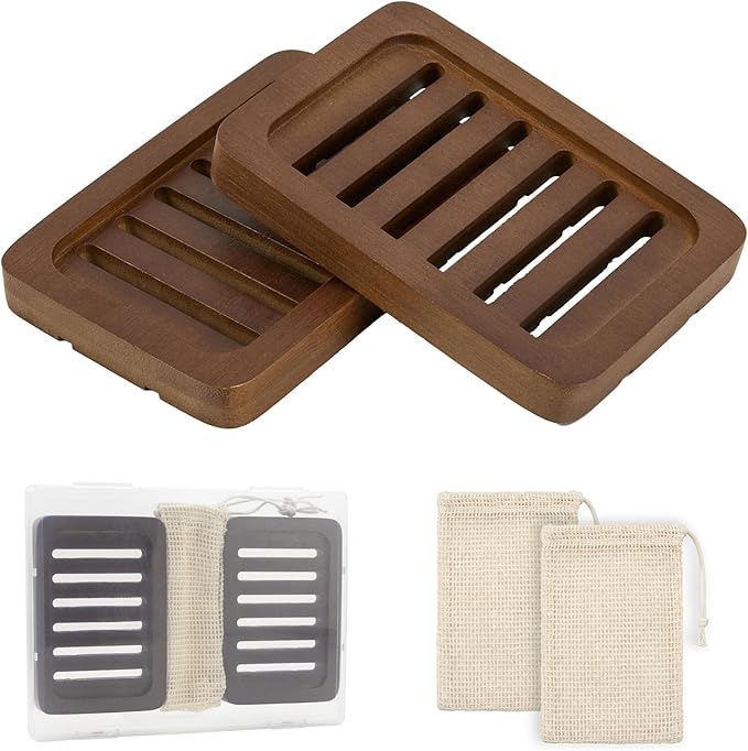 2PCS Self Draining Soap Holders, Rustic Slotted Bamboo Dish Tray, Easy Cleaning Wooden Soap Dish for Shower, Bathroom, Kitchen Sponges, Bath Tub, Packed in A Case (Walnut Style)