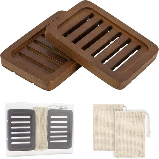 2PCS Self Draining Soap Holders, Rustic Slotted Bamboo Dish Tray, Easy Cleaning Wooden Soap Dish for Shower, Bathroom, Kitchen Sponges, Bath Tub, Packed in A Case (Walnut Style)