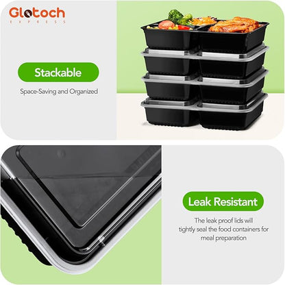 Glotoch 50 Pack (100-Piece) 34oz Meal Prep Containers Reusable with Lids 3-Compartment Containers Microwave, Freezer, Dishwasher Safe - Leakproof Durable To Go Take Out Plastic Food Storage