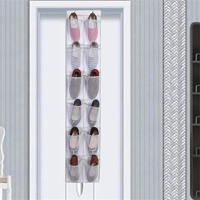 Over The Narrow Door Shoe Organizer With 12 Pockets Hanging Closet Door Space Saving Hanging Shoe Holder For Maximizing Shoe Storage(White), 168x30cm