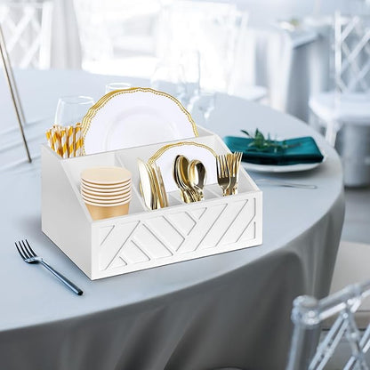 Ukonvi Paper Plate Dispenser, Paper Plate Holder for Kitchen Counter, Wood Rustic Silverware Utensil Caddy, Cutlery Flatware Organizer Box for Cups Spoons Forks Plates Napkins, Kitchen Accessories