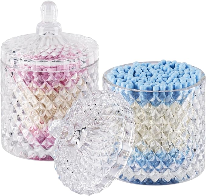 ALAMHI 2 Pack Qtip Holder Cotton Round Ball Holder Set, Apothecary Jars Glass Bathroom Storage jars with Lids for Bathroom Decor, Qtip Dispenser for Cotton Swab,Cutip