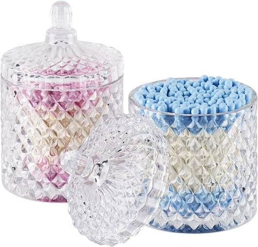 ALAMHI 2 Pack Qtip Holder Cotton Round Ball Holder Set, Apothecary Jars Glass Bathroom Storage jars with Lids for Bathroom Decor, Qtip Dispenser for Cotton Swab,Cutip