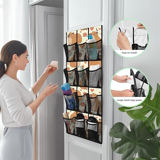 Capibara Daisy Over The Door Shoe Organizer,Hanging Shoe Organizer for Door with 12 Mesh Pockets,Breathable Organizer Storage Bag,Shoe Rack for Door Sneaker Hanger Boot Storage