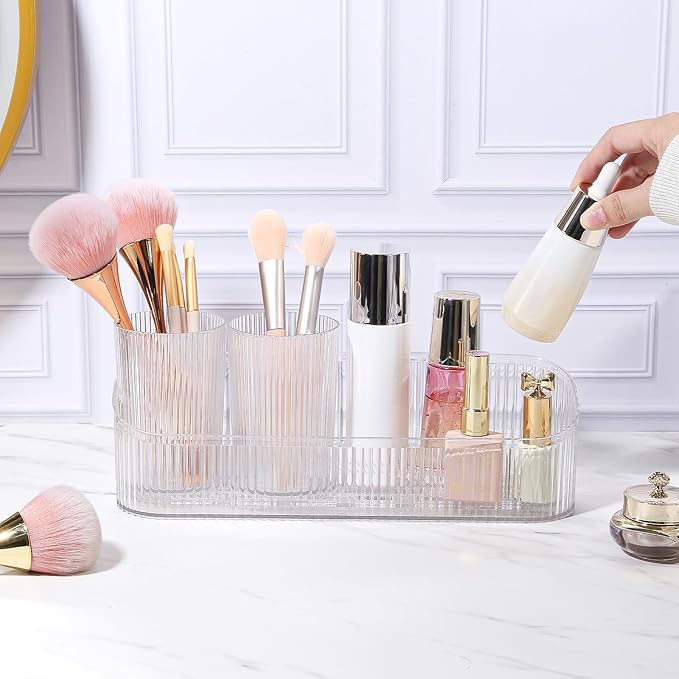 DASITON Makeup Brush Holder Organizer with 4 Cup, Vintage Striped Make Up Brush Holder for Vanity, Bathroom Toothbrush Holders, Acrylic Cosmetic Brushes Storage Organizer Pen Holder (Clear+Clear)
