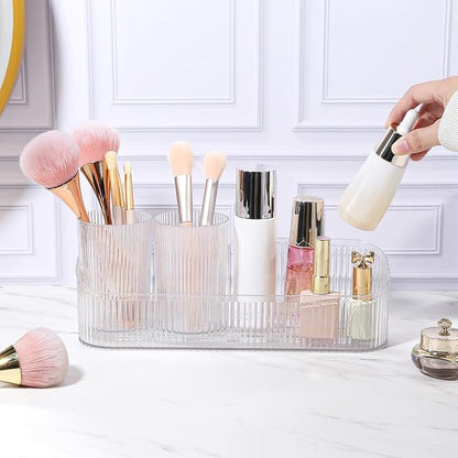 DASITON Makeup Brush Holder Organizer with 4 Cup, Vintage Striped Make Up Brush Holder for Vanity, Bathroom Toothbrush Holders, Acrylic Cosmetic Brushes Storage Organizer Pen Holder (Clear+Clear)
