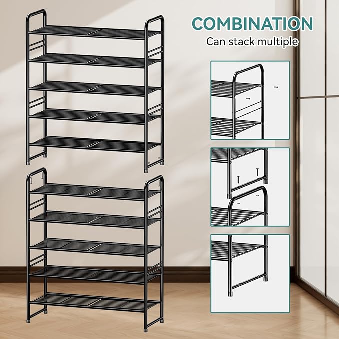 SUFAUY 33" Wide Shoe Rack, 5-Tier Shoe Storage Rack for 24-30 Pairs of Shoes, Shoe Organizer for Entryway, Stackable, Heavy Duty, Steel Frame, Industrial, Black