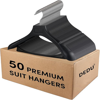 DEDU Suit Hangers for Men 50 Pack, Black Coat Hangers Extra Wide Non Slip Width 17.7", Thick Plastic with Pants Bar & Metal Hook