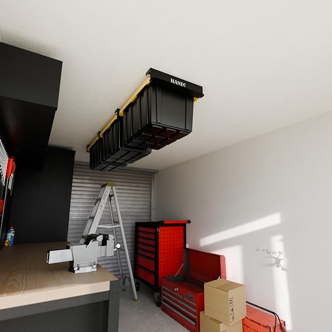 USA Based Overhead Garage Storage Rack, Connectable Heavy Duty Metal Ceiling Rails Garage Storage Organization Shelving System, Hanging Racks Tote Containers, Supports Up To 3 Bins, 2 Sets Black