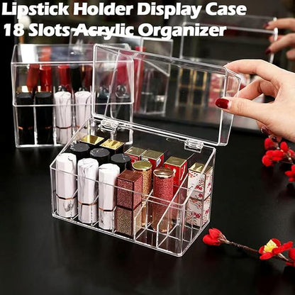 Lipstick Holder Display Case, 18 Slots Acrylic Organizer with Dust Cover, Lip Gloss Holder and Case for Vanity or Drawer, Cosmetic Display and Lipstick Storage Organizer