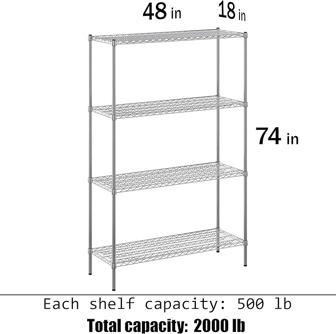 18" Deep x 48" Wide x 74" Height Wire Shelving Kit | 4-Tier | NSF Commercial Storage Rack Unit