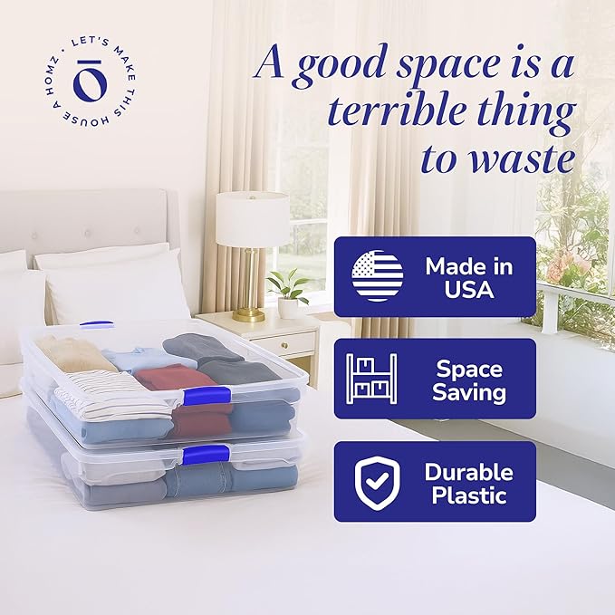 HOMZ 2-Pack Under Bed Storage, Clear Plastic Containers with Lids, 56 Quart, Blue Latch - Stackable Underbed Organizer Bins for Shoes, Bags, Clothes, and Towels