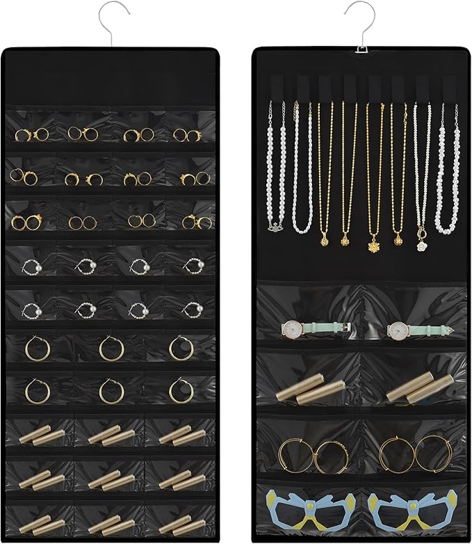 Hanging Jewelry Organizer with Multi-size pockets Double-Sided Jewelry Holder for Earrings, Necklaces, Rings on Closet, Wall, Door,Jewelry Organizer Hanging for Closet, Black