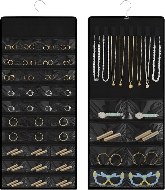 Hanging Jewelry Organizer with Multi-size pockets Double-Sided Jewelry Holder for Earrings, Necklaces, Rings on Closet, Wall, Door,Jewelry Organizer Hanging for Closet, Black