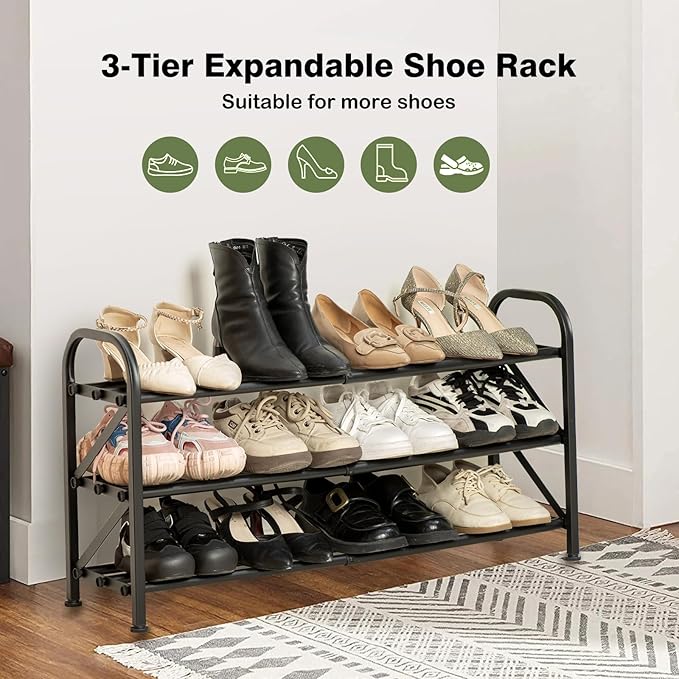 3-Tier Shoe Rack for Closet, 16"-32" Expandable ShoeRackAdjustable for Entryway Closet Doorway SturdyMetal, Black