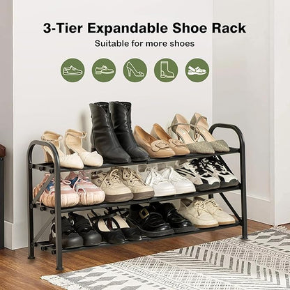 3-Tier Shoe Rack for Closet, 16"-32" Expandable ShoeRackAdjustable for Entryway Closet Doorway SturdyMetal, Black