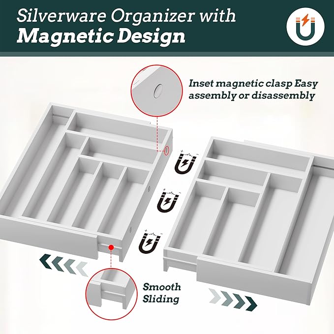 Silverware Organizer Large, Magnetic Connected Expandable 13 Slots Silverware Drawer Organizer from 21 to 37.4 Inches, Adjustable Flatware and Cutlery Holder, Bamboo Utensil Tray for Kitchen White