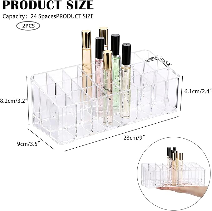 ELLDOO 2 Pack Rollerball Perfume Organizer, 24 Spaces Clear Acrylic Perfume Storage Holder Beauty Scent Holder, Makeup Lipgloss Lipstick Display Case