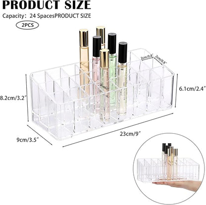 ELLDOO 2 Pack Rollerball Perfume Organizer, 24 Spaces Clear Acrylic Perfume Storage Holder Beauty Scent Holder, Makeup Lipgloss Lipstick Display Case