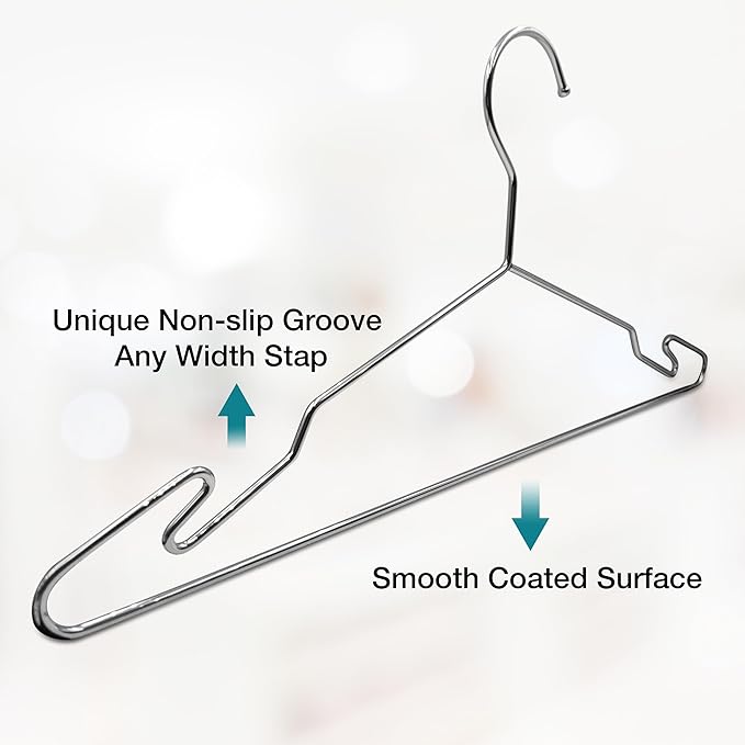 Heavy Duty Metal Hangers with Unique Hook Design Durable & Sturdy Coat Hangers 4mm Thick Withstands 25lbs Weight Smooth Powder Coated Finish Compact Shirt Hangers - 10 Pack Chrome