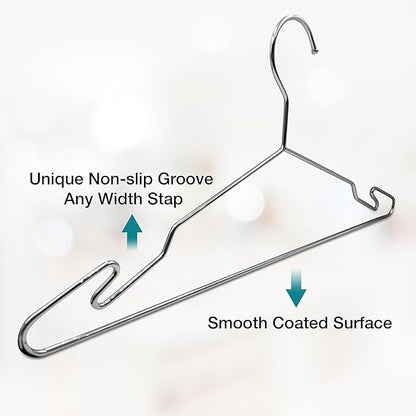 Heavy Duty Metal Hangers with Unique Hook Design Durable & Sturdy Coat Hangers 4mm Thick Withstands 25lbs Weight Smooth Powder Coated Finish Compact Shirt Hangers - 10 Pack Chrome