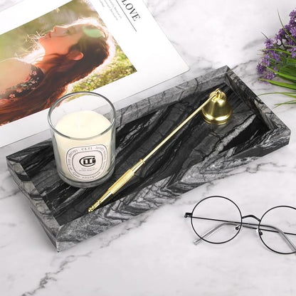 Marble Bathroom Vanity Tray, Natural Luxury Vanity Home Kitchen Bathroom Table Tray, Stone Decorative Countertop Dresser Trays for Key Coffee Perfume Jewelry Makeup (Wood Grain, 12"x 5" x1.2")