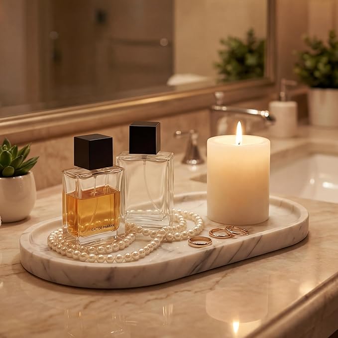 YKAJO Oval Real Marble Tray for Bathroom Kitchen Counter Stone Decorative Vanity Tray for Dresser Perfume Heavy Catchall Organizer for Soap Jewelry (Carrara White, 11.8" x 5.9")