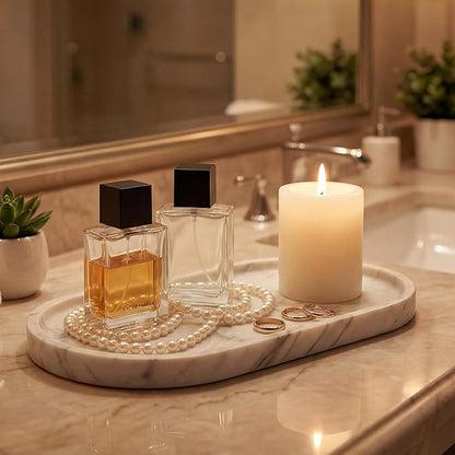 YKAJO Oval Real Marble Tray for Bathroom Kitchen Counter Stone Decorative Vanity Tray for Dresser Perfume Heavy Catchall Organizer for Soap Jewelry (Carrara White, 11.8" x 5.9")