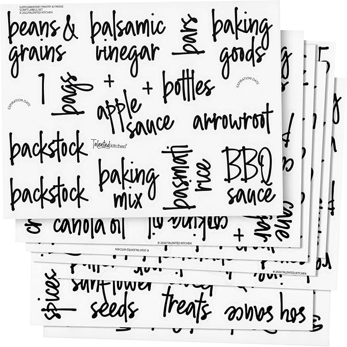 Talented Kitchen 158 Food Container Labels - Durable Waterproof Adhesive - Clear Script Sticker Design for Pantry & Fridge - Freezer Labels & Symbol Stickers - Clear & Black Laminated Paper
