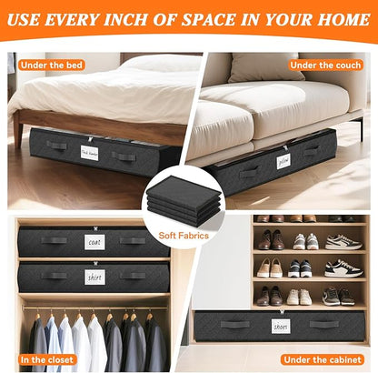 SpaceWhisper 90L Under Bed Storage Containers, 2-Pack Storage Bins with Clear Top, Foldable Closet Organizers and Storage with Label Holder for Clothing, Blankets, Comforter & Pillows(Black)