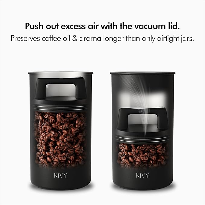 KIVY Vacuum Coffee Canister - Push Lid Preserves Coffee Aroma & Oil - Stainless Steel Airtight Coffee Canister - Container for Ground & Coffee Bean Storage - Coffee Storage Jar - Removes Excess Air