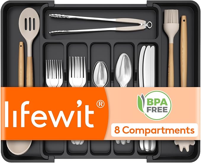 Lifewit Expandable Silverware Drawer Organizer for Kitchen, Adjustable Utensil Tray, BPA Free Plastic Flatware and Cutlery Holder for Spoons Forks Knives, 12.2"-18.9" x 13.8", Black