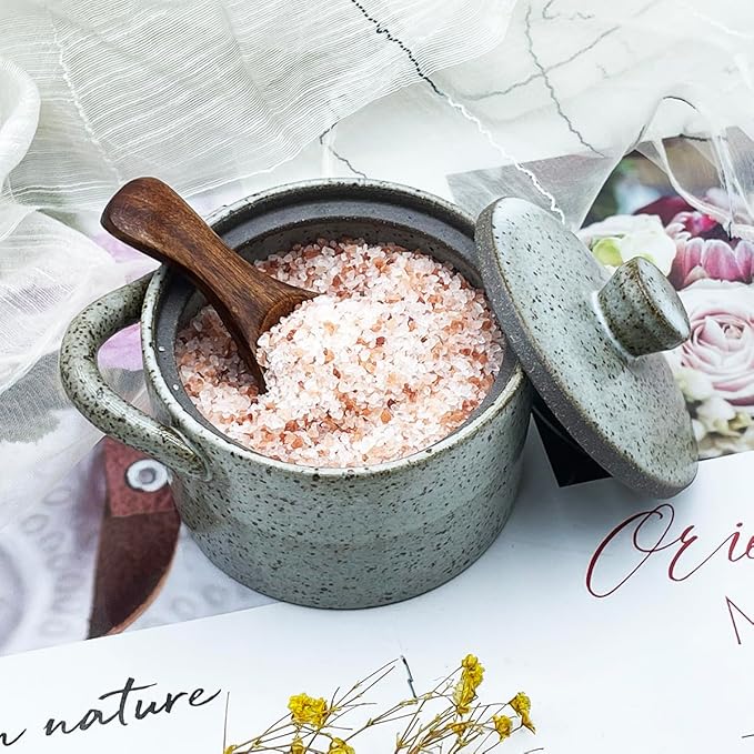 8 oz Ceramic Salt Cellar with Lid & Wooden Spoon,Countertop Salt Container,Sugar Bowl,Spices Jar| Artisan Kitchen Decor(Gray)