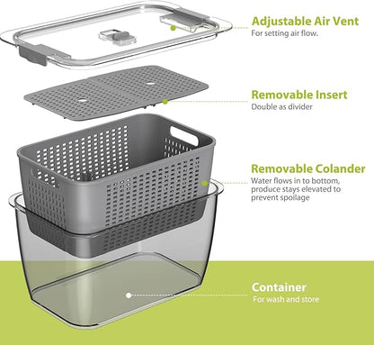 Fresh Fruit Vegetable Storage Containers, 3 Pack Produce Saver Container for Fridge with Lids &Removable Colander BPA-Free Refrigerator organizer for Fruit, Veggie Berry, Meat Keep Fresh Longer- Grey
