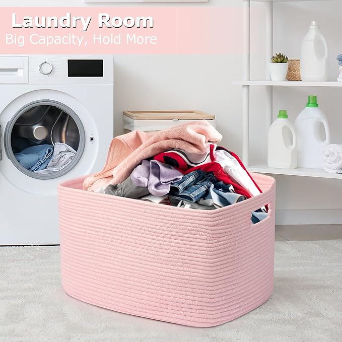 75L Large Woven Storage Basket, Pink Cotton Rope Laundry Hamper with Handles, 22”x17”x12” Rectangle Blanket Basket for Toys, Clothes, Pillows, Nursery and Living Room,Shelf Basket