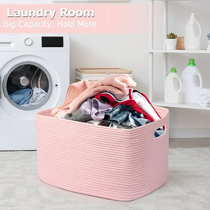 75L Large Woven Storage Basket, Pink Cotton Rope Laundry Hamper with Handles, 22”x17”x12” Rectangle Blanket Basket for Toys, Clothes, Pillows, Nursery and Living Room,Shelf Basket
