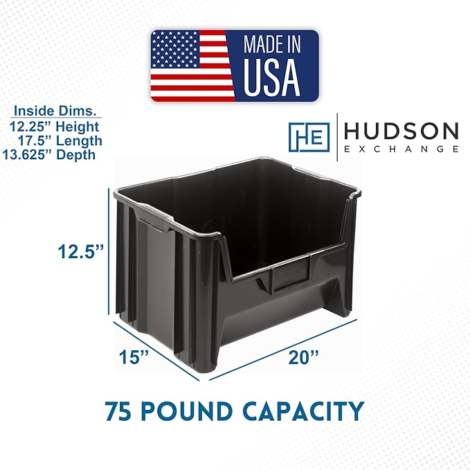 Hudson Exchange 20" x 15" x 12.5" (54 Pack) Plastic Giant Stackable Hopper Bin Container, Black