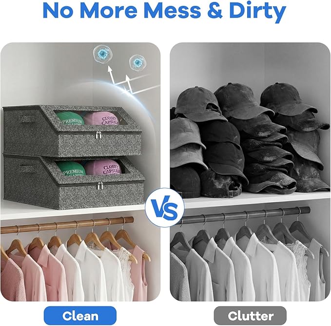 Hat Storage for Baseball Caps, Holds up to 24 Caps, Stackable Hat Organizer for Closet, Dustproof Hat Box with Clear Window, Hollow Board Support & 2 Handles, Flip-Top Access (Charcoal Gray)