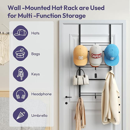 SWTYMIKI Over Door Hat Organizer - 3 Tier Metal Adjustable Wall Mounted Hat Rack with 9 Hooks Design, Hanging Baseball Cap Organizer Storage Holds up to 27 Caps for Door, Bedroom, Closet