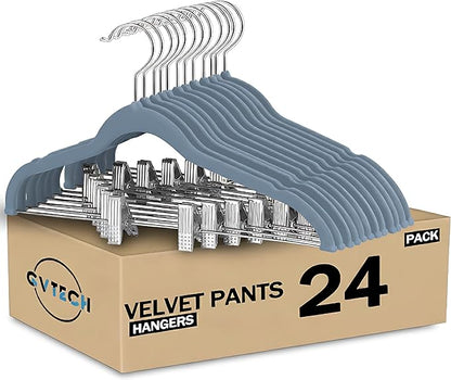 GVTECH Velvet Hangers with Clips, [24 Pack] Metal Clip Hangers for Pants - Notched Skirt Hangers for Pants, Skirts, Suit, Dresses & Shirts 360° Swivel Hook, Non Slip Felt Hanger (Grey, 24 Pack)