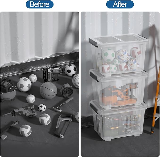 30 Quart Clear Plastic Storage Containers Bins with Wheels, Stackable Plastic Latching Totes with Lids, 4 Packs