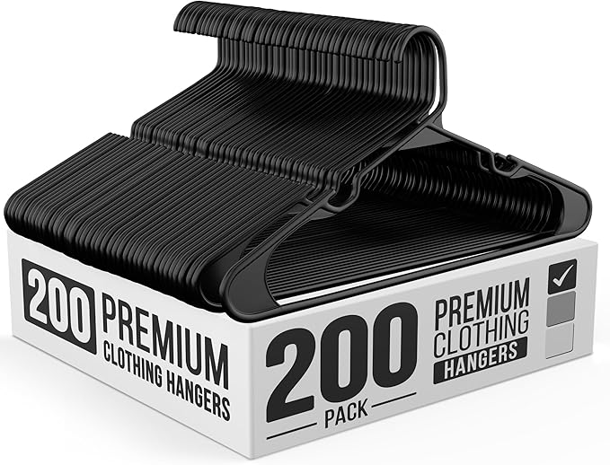 Our Modern Space 200 Pack Plastic Hanger for Shirt Pants Coats Dresses Skirts Suits Jackets - Standard Thick Coat Hanger - Sturdy & Durable Design with Shoulder Grooves Hook - Black
