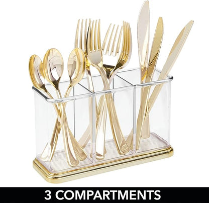 mDesign Plastic Cutlery Utensil Holder Storage Organizer Caddy for Kitchen Countertop Organization - Holds Fork, Knife, Spoon, Silverware - 3 Divided Sections - Hyde Collection - Clear/Soft Brass