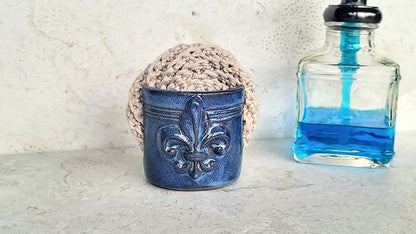 Fleur De Lis Sponge Holder for Sink White French Country Farmhouse Decor Compact Handmade Drain Rack (Blue)