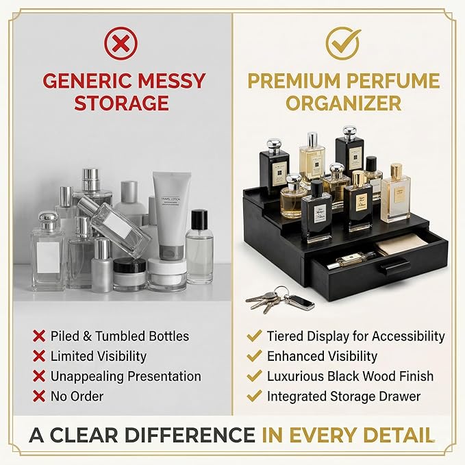 3 Tier Cologne Organizer for Men with Drawer – Solid Wood Perfume Stand Organizer, Wooden Cologne Display Shelf for Dresser, Countertop cologne storage Rack, Mens Cologne Holder, Bathroom Vanity Organizer