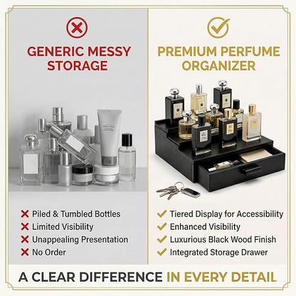 3 Tier Cologne Organizer for Men with Drawer – Solid Wood Perfume Stand Organizer, Wooden Cologne Display Shelf for Dresser, Countertop cologne storage Rack, Mens Cologne Holder, Bathroom Vanity Organizer