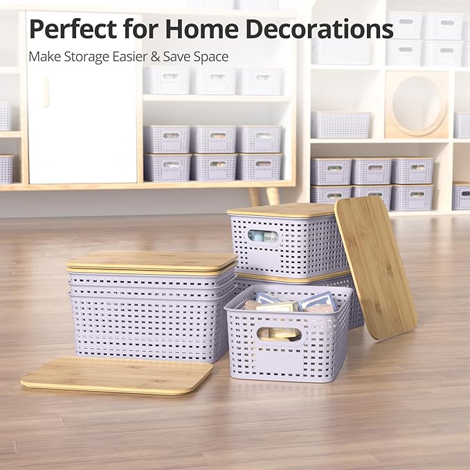 Plastic Storage Baskets with Bamboo Lids, Stackable Small Box Bins for Organizing and Containers for Shelves Drawers Desktop Closet Pantry Classroom Office Home, 6 Pack 10.2"x7.2"x4.1" Lavender