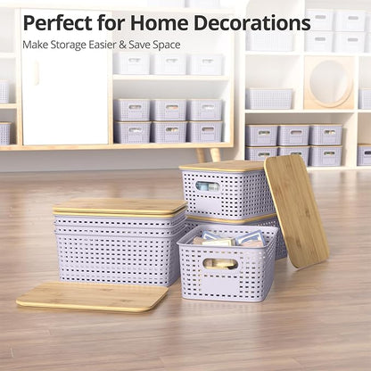 Plastic Storage Baskets with Bamboo Lids, Stackable Small Box Bins for Organizing and Containers for Shelves Drawers Desktop Closet Pantry Classroom Office Home, 6 Pack 10.2"x7.2"x4.1" Lavender
