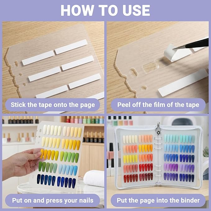 Segbeauty Press On Nails Design Book with A5 Zipper Binder, Sample Nail Polish Holder Organizer Case with 240 Fake Nails, Insert Pages for Accessories, Sample Swatches for Nail Art Salon, White
